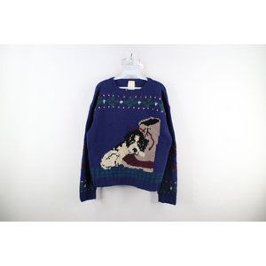 Vtg 90s Woolrich Womens L Distressed All Over Print Dog Puppy Wool Knit Sweater